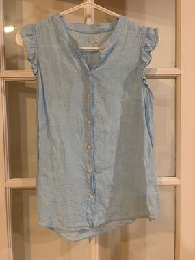 Lilly Pulitzer Blue Ruffle Cap-Sleeve Button Down Top Linen Briette